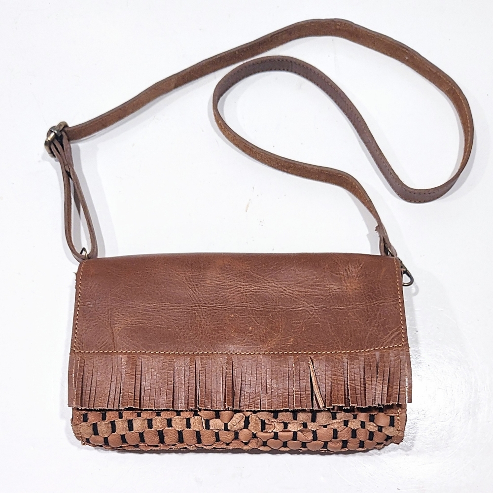 Vaan & Co Brown Leather Crossbody Bag Woven Flap Fringe Boho Purse